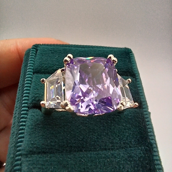 Purple Swarovski Crystal Cushion Cut Ring Silver Tone Statement - Picture 10 of 12